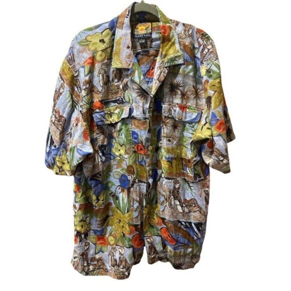 Vintage Linen Men Hawaian button down shirt Large palm trees tropical beach boho